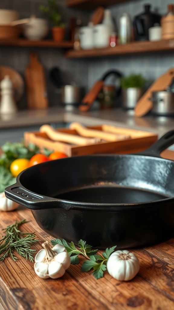 A shiny, seasoned cast iron skillet on a wooden countertop with fresh herbs and vegetables.
